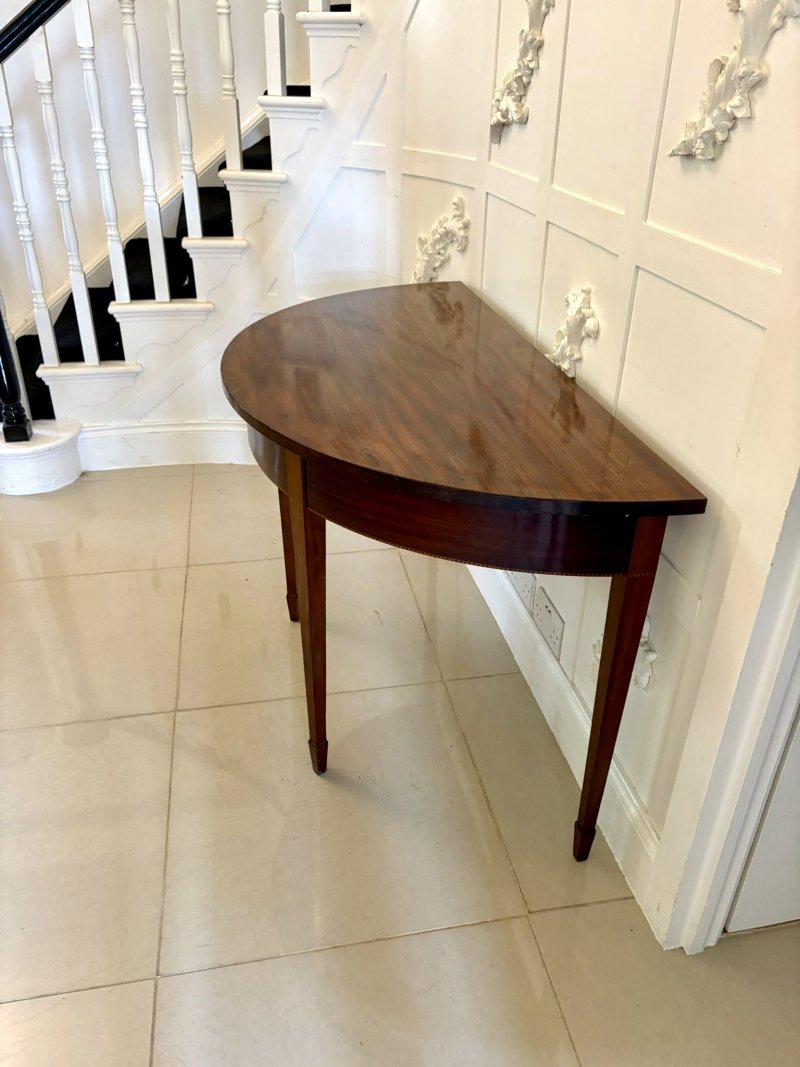 Large Pair of Antique George III Quality Figured Mahogany Demi Lune Shaped Console Tables - Image 5